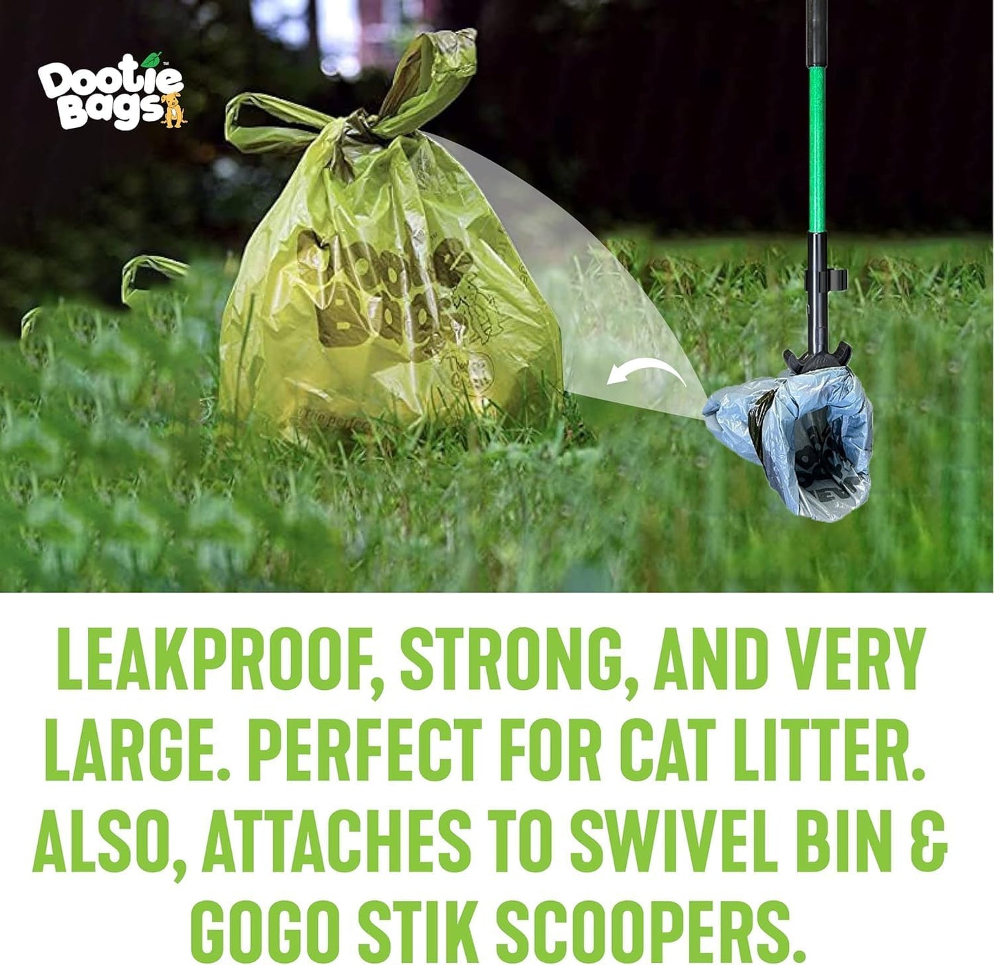 The Original Dootie Bag Is Back! Pooch Approved Large Dootie Bags, Dog Poop Bags. Strong, Leakproof - EZ Tie Handles. Perfect for Dogs & Cat Litter. Pet Waste Cleanup, Swivel Bin & Scoopers.