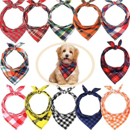 12 Piece Dog Bandanas Plaid Pet Bandanas Scarf Triangle Bibs Kerchief Washable Reversible Adjustable Pet Costume Accessories for Small Large Dogs and Cats(Lattice Graphic)