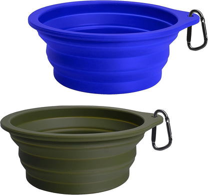2-Pack Silicone Collapsible Dog Bowls, BPA Free Dishwasher Safe, Portable Foldable Expandable Travel Bowl, Food Water Feeding Cup Dish for Dogs Cats with 2 Carabiners (Army Green, Blue)