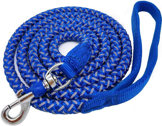 6 FT Blue Heavy Duty Rope Dog Leash, Reflective, Soft Padded Handle, 3/4 Inch Thick, Safety Lock Catch for Large, Medium Dogs