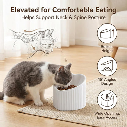 Dark Green Ceramic Raised Cat Bowls, Tilted Elevated Food or Water Bowls, Stress Free, Backflow Prevention, Dishwasher and Microwave Safe, Lead & Cadmium Free