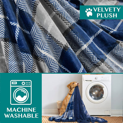 Dog Blanket for Bed, XL Pet Blanket Large Dogs, Fleece Furniture Couch Cover Protector Sofa Car Crate Kennel, Soft Sherpa Cat Throw Plush Reversible Washable, Twin 60X80 Plaid Navy Blue