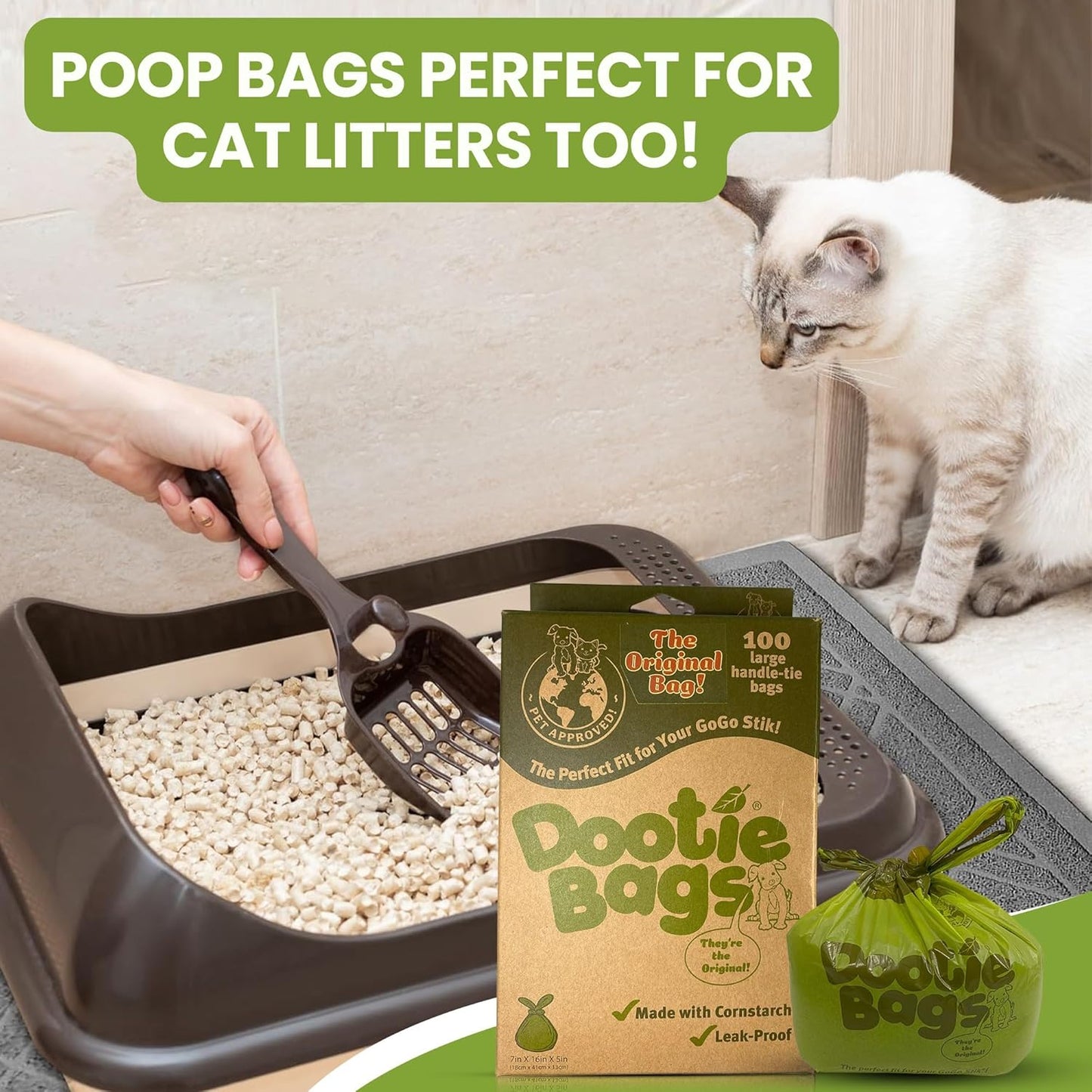 The Original Dootie Bag Is Back! Pooch Approved Large Dootie Bags, Dog Poop Bags. Strong, Leakproof - EZ Tie Handles. Perfect for Dogs & Cat Litter. Pet Waste Cleanup, Swivel Bin &  Scoopers.