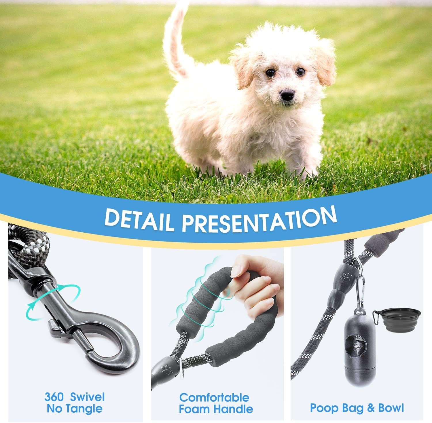 2 Packs 5/6 FT Dog Leash with Comfortable Padded Handle and Highly Reflective Threads Dog Leashes for Small Medium and Large Dogs (5FT-1/3'', Black+Black)