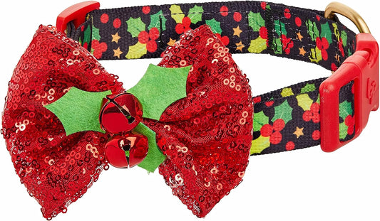 Christmas Holly Dog Collar with Bowtie, Small Adjustable 12"-16" Neck, Holiday Collar for Small Dogs