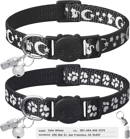 2 Pack Breakaway Cat Collars & 2 Pcs Name Tags,Reflective Safety Kitten Collar with Bell,For Girl Boy Male Cats,Adjustable 7''-12'', Personalized ID Tag,Pet Supplies,Accessories
