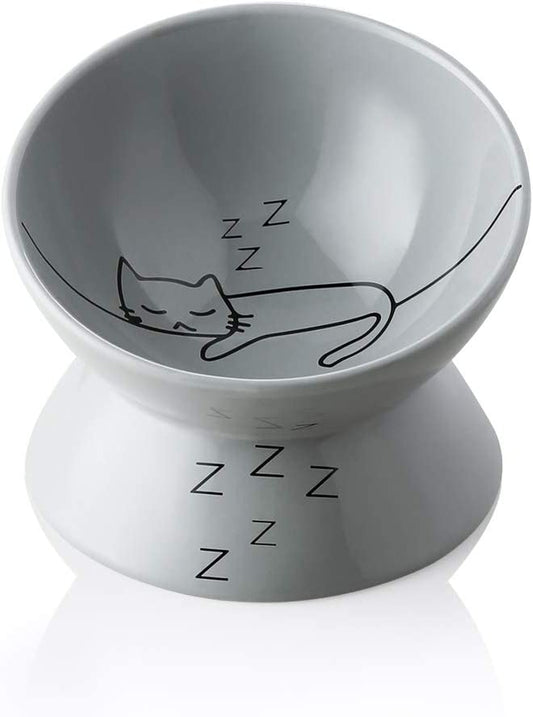 Ceramic Raised Cat Bowls, Slanted Cat Dish Food or Water Bowls, Elevated Porcelain Pet Feeder Bowl Protect Cat'S Spine, Stress Free, Backflow Prevention(Grey)
